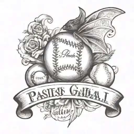 bat hitting a baseball with names incorporated.  Names are Patty, Andie, Emily and Owen tattoo design idea