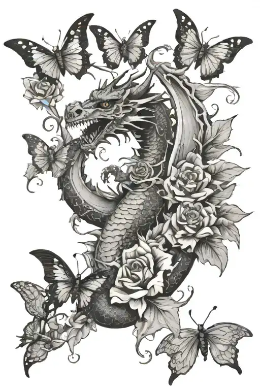 dragon with flowers, death moth, and butterflies flying tattoo design idea