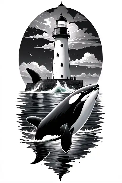 lighthouse and killer whale swimming tattoo design idea