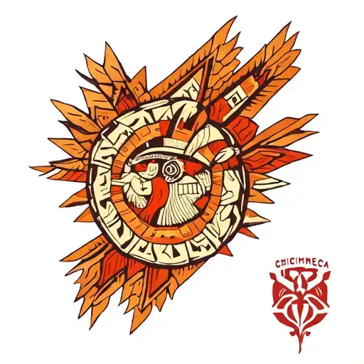 An intricate Aztec-inspired sleeve tattoo incorporating symbols of the Chichimeca Nation, with a central image representing family and foster care tattoo design idea