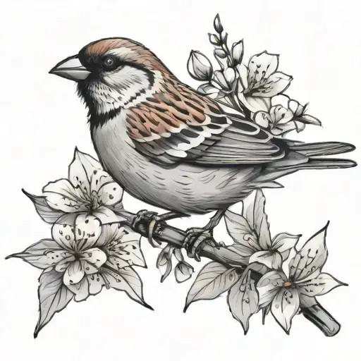 house sparrow sitting on cherry blossom branch surrounded tattoo design idea