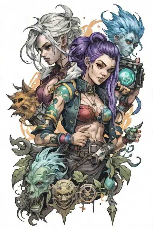 Arcane Jinx surrounded by Vi, Ekko and others tattoo design idea