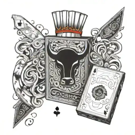 box of cigarettes standing straight in perspective, playing cards, bull tattoo design idea