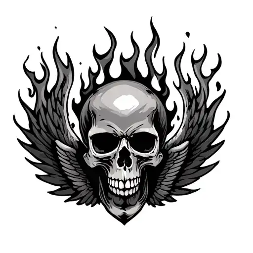 skull with wings surrounded in flames tattoo design idea