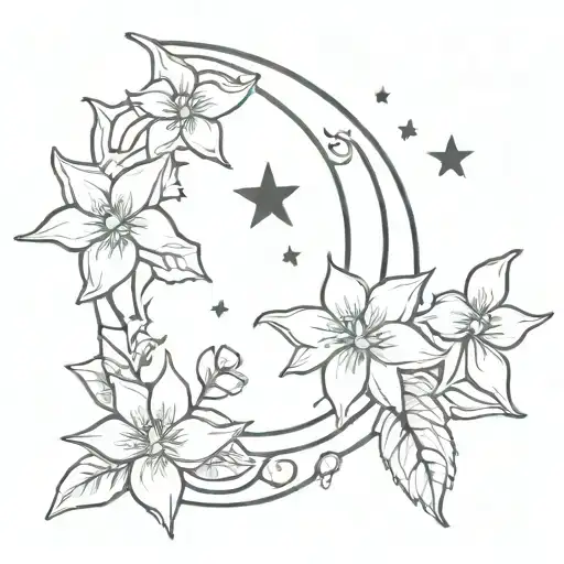 crescent moon, stars and holly and narcissus larkspur mayflower tattoo design idea