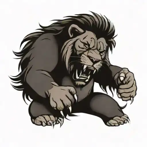 A lion wearing a corrections officer uniform practicing martial arts moves tattoo design idea