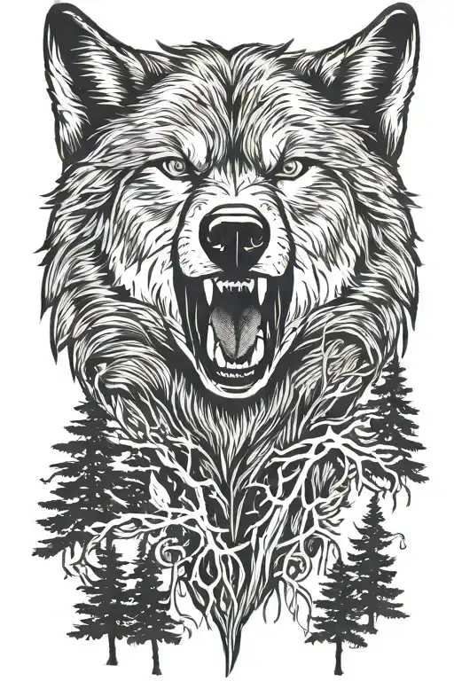 head of wolf with open mouth surounded by pine trees tattoo design idea