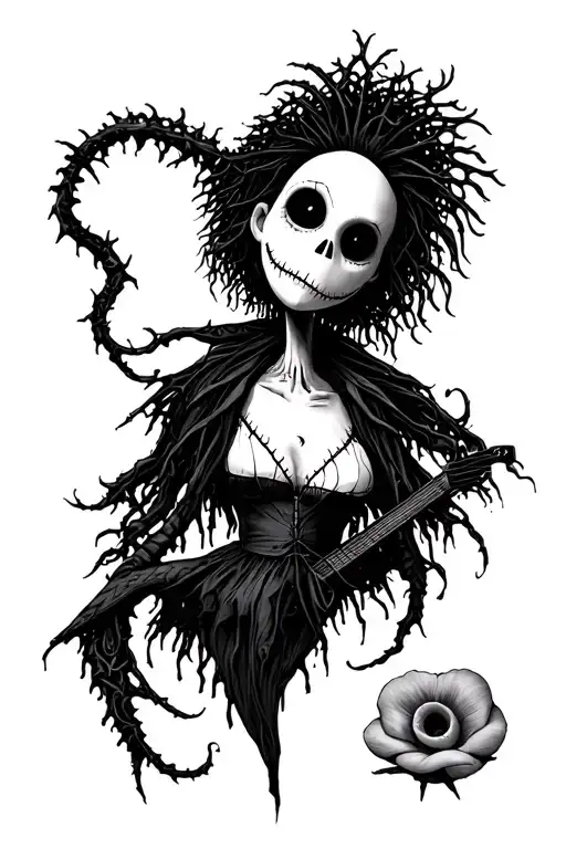 tattoo design tim burton themed with edward scissorhands, nightmare before Christmas, alice in wonderland, and sweeny to tattoo design idea