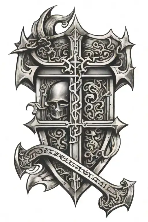 deus vult written with cross tattoo design idea