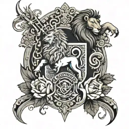 Scottish clan crest with lion and unicorn in heraldic style including roses and thistles  tattoo design idea