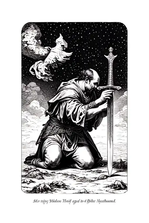 bishop heahmund on one knee holding a sword in the ground looking down to the ground tattoo design idea