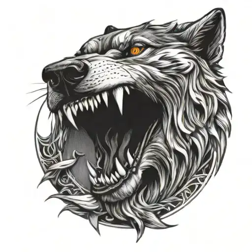 solar eclipse in a wolf's mouth open tattoo design idea