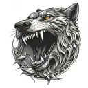 solar eclipse in a wolf's mouth open tattoo design idea