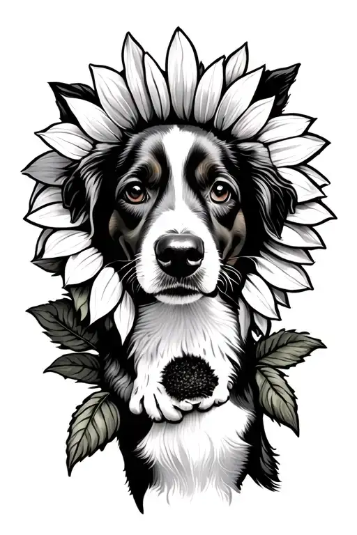 Dog Portrait ON FOREARM WITH SUNFLOWER AND DOG PAW tattoo design idea