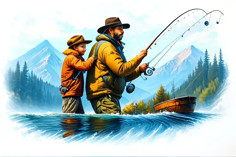 father son fishing in mountain dtream tattoo design idea