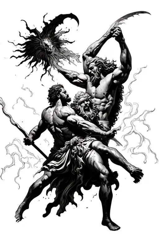 Odin and Zeus fighting in thunderstorm  tattoo design idea