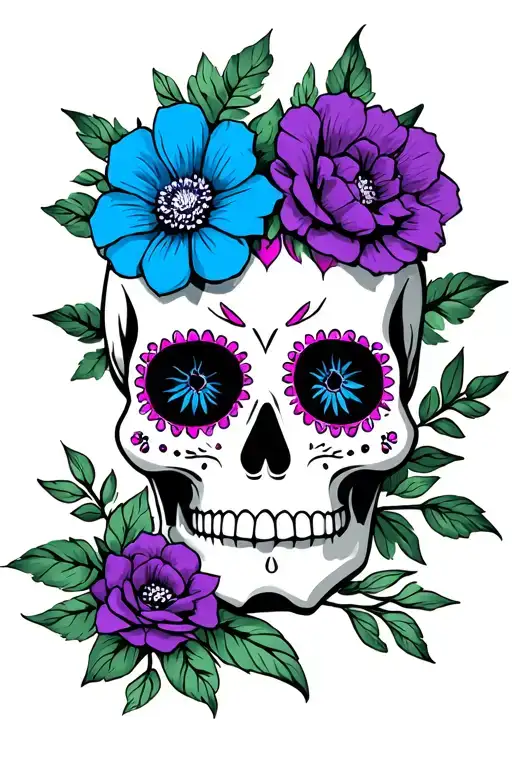 sugar skull with 2 blue, 2 purple and 2 black flowers tattoo design idea