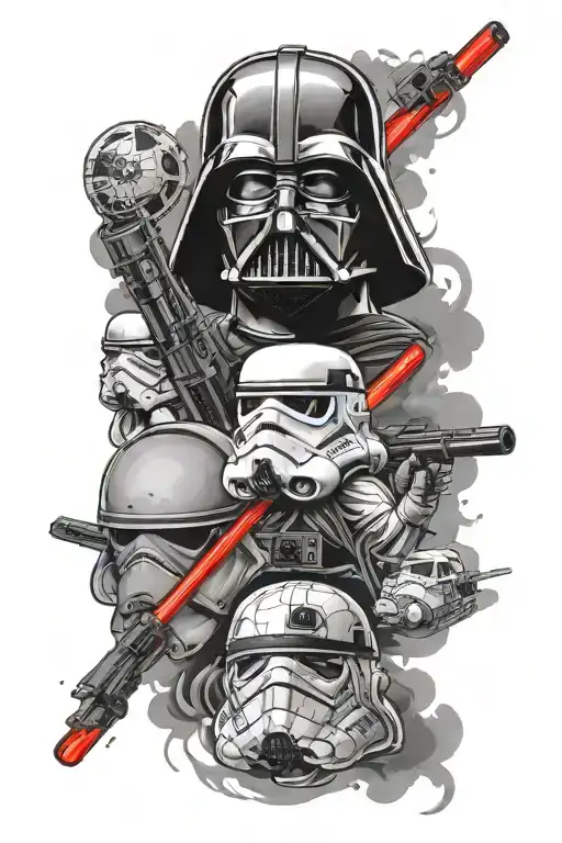 star wars sleeve. death star on the shoulder. include Darth Vader yielding a red light saber. include a storm trooper. tattoo design idea