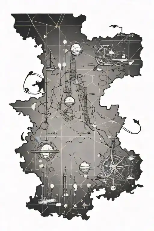 A Texas map with fishing hooks and oil rigs marking important locations, surrounded by a baseball border tattoo design idea