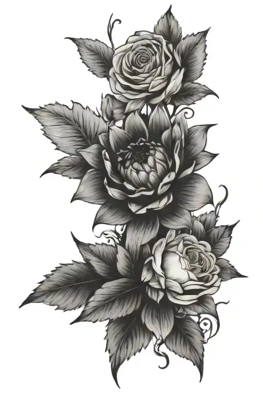 a sunflower, a rose, a daffodil, two violets, a carnation, a marigold and a chrysanthemum  tattoo design idea