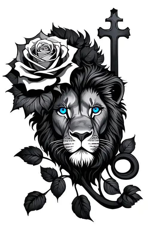 rose and cross and lion with blue eyes tattoo design idea