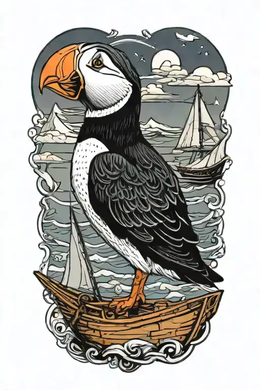 male puffin on a with an old scandinavian sailboat  tattoo design idea