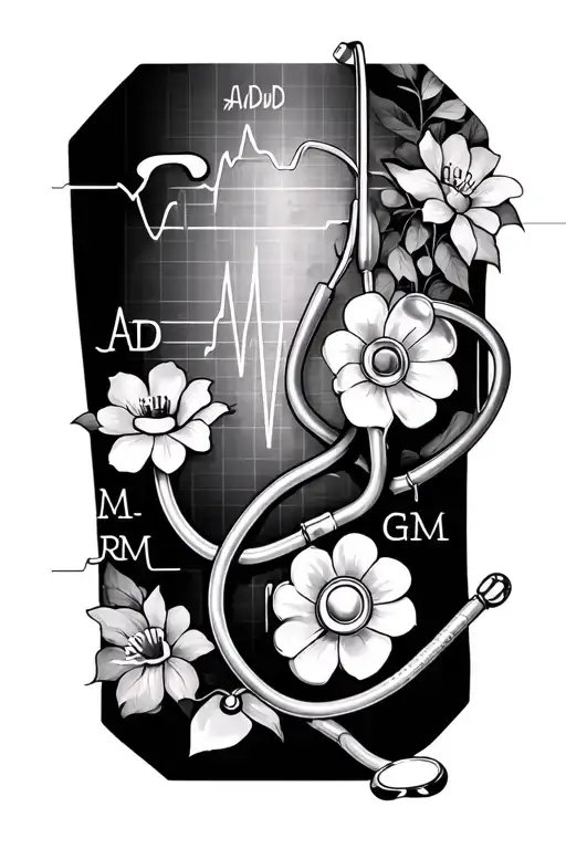 Create a arm sleeve tattoo about stethoscope , ekg sinus rhythm , initials AD DD JM NM AM RM GM, favorite flowe tattoo design idea