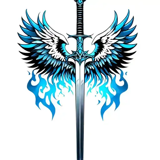 sword with blue flames and wings of angel tattoo design idea
