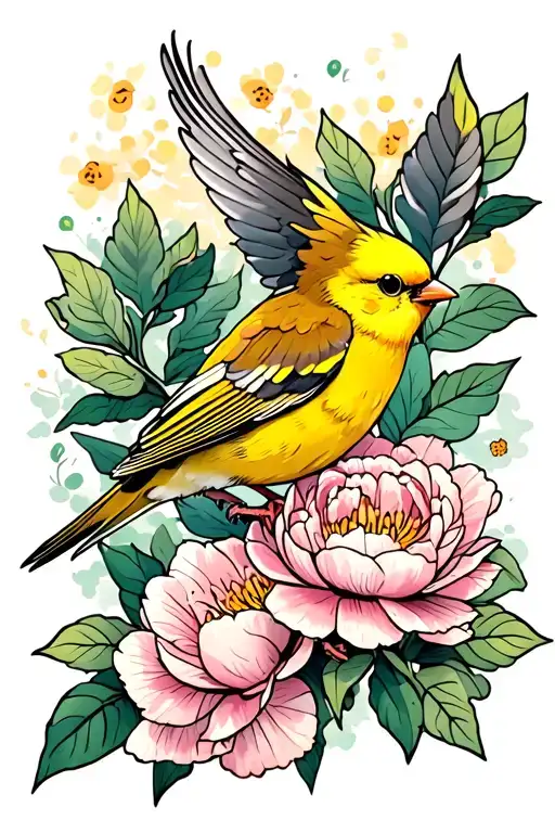 yellow canary bird flying carrying peony flower tattoo tattoo design idea