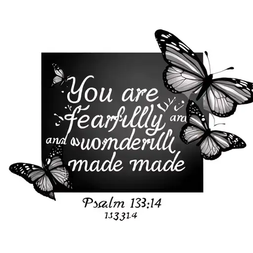 "You are fearfully and wonderfully made-Psalm 139:14" with butterflies sitting on it tattoo design idea