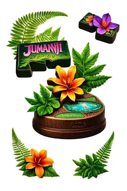 jumanji movie 1995 game pieces surrounded by ferns and flowers tattoo design idea
