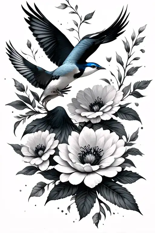 flowers and birds flying away tattoo design idea