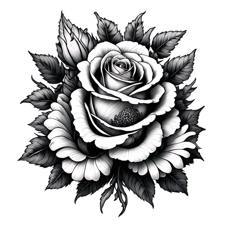 rose and marigold flowers intertwined tattoo design idea