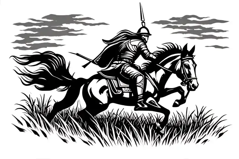 knight on horse galloping through a field tattoo design idea