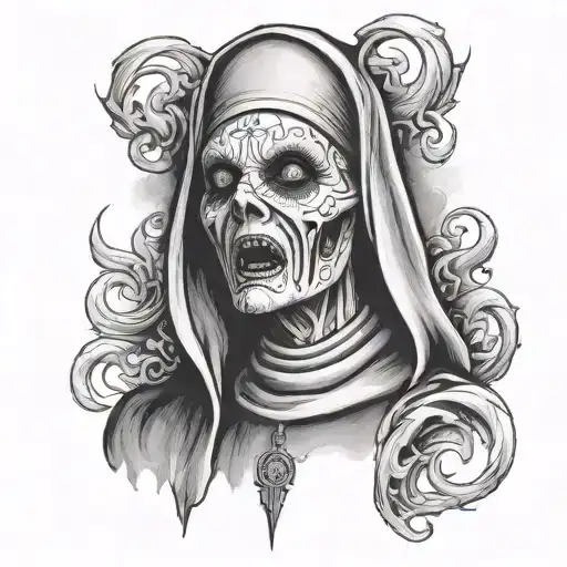 evil nun losing it's mind look through dark smoke tattoo design idea