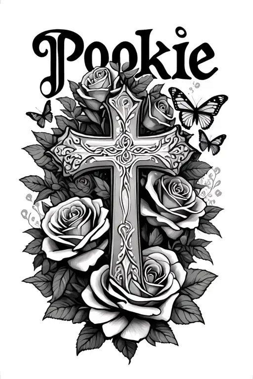 "Pookie Butt" cross, roses, and butterflies tattoo design idea