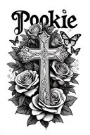 "Pookie Butt" cross, roses, and butterflies tattoo design idea
