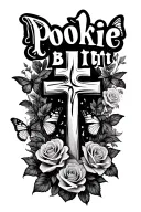 "Pookie Butt" cross, roses, and butterflies tattoo design idea