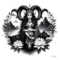 Aries goddess surrounded by poeny and lotus flowers with a black wolf and mountains tattoo design idea