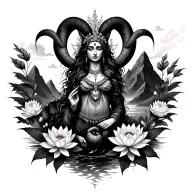 Aries goddess surrounded by poeny and lotus flowers with a black wolf and mountains tattoo design idea