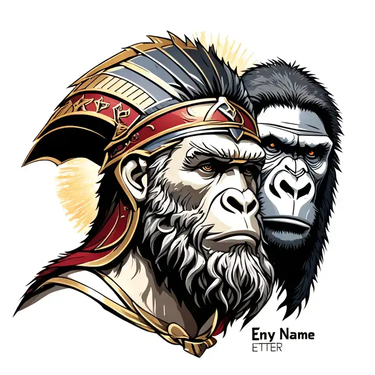 Zeus, looking at a Spartan with a gorilla head above it and my name, Etter to the right of it tattoo design idea