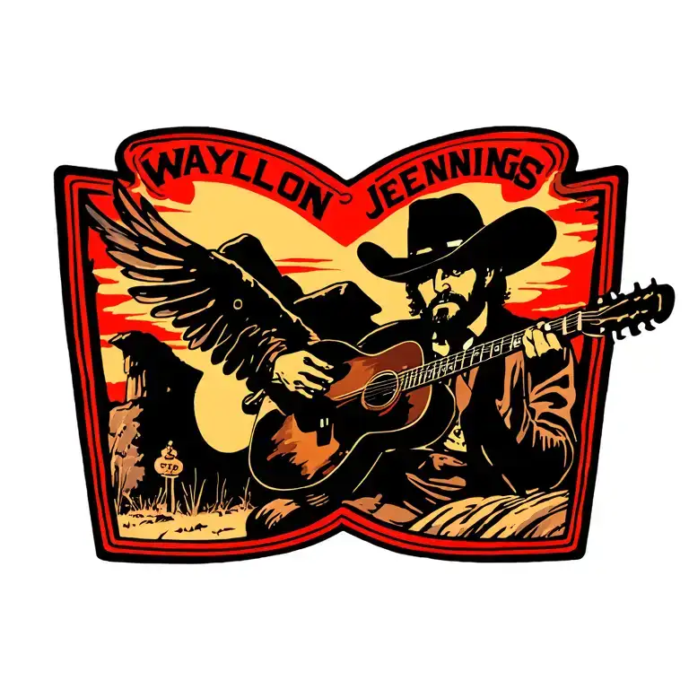 Waylon Jennings flying w logo , with desert image inside id and Waylon coming out of it  tattoo design idea