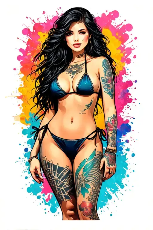Sexy girl, petite, small boobs, wide hips, bikini . long hair,sexual. Seductive. Full Body, standing with legs and feet tattoo design idea