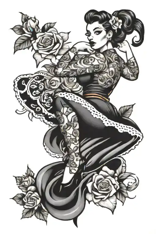 curvy tattoos pinup girl, no flowers tattoo design idea