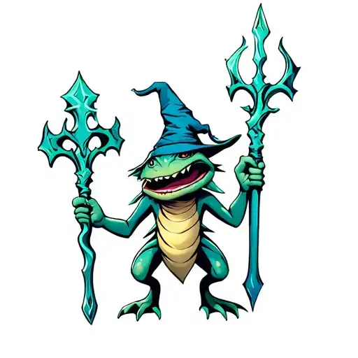World of warcraft murloc holding Staff of Jordan in hand, with a wizard hat on top as if he is a mage. From the Game tattoo design idea