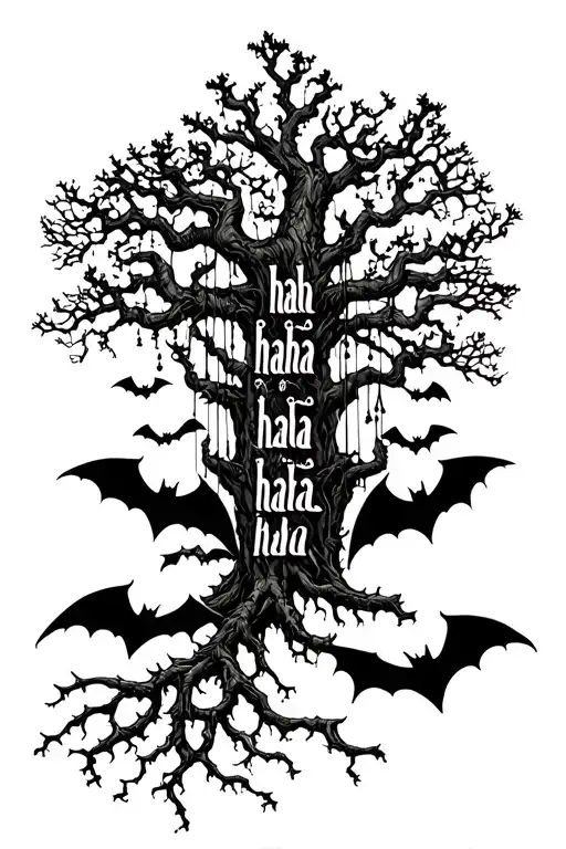 as above so below tree. bats hanging from branches. roots subtly form the word "haha" multiple times tattoo design idea