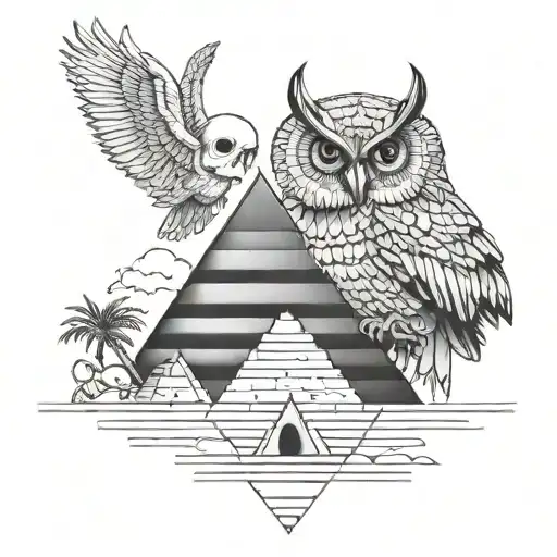 owl on top of pyramid of giza and a skull tattoo design idea