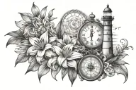 lighthouse, family tree, compass, anchor, sea, love, grief, hope, future, time, passion, lilies tattoo design idea