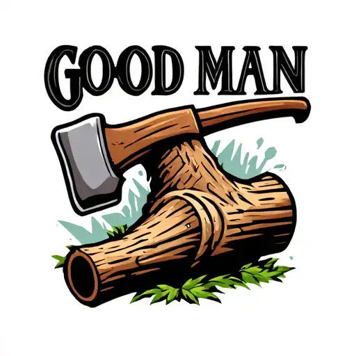 an axe embedded in a large log with the words good man above it  tattoo design idea