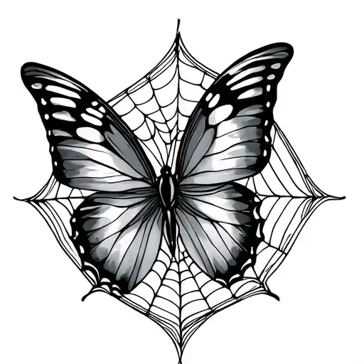 tramp stamp butterfly mixed with spider web tattoo design idea